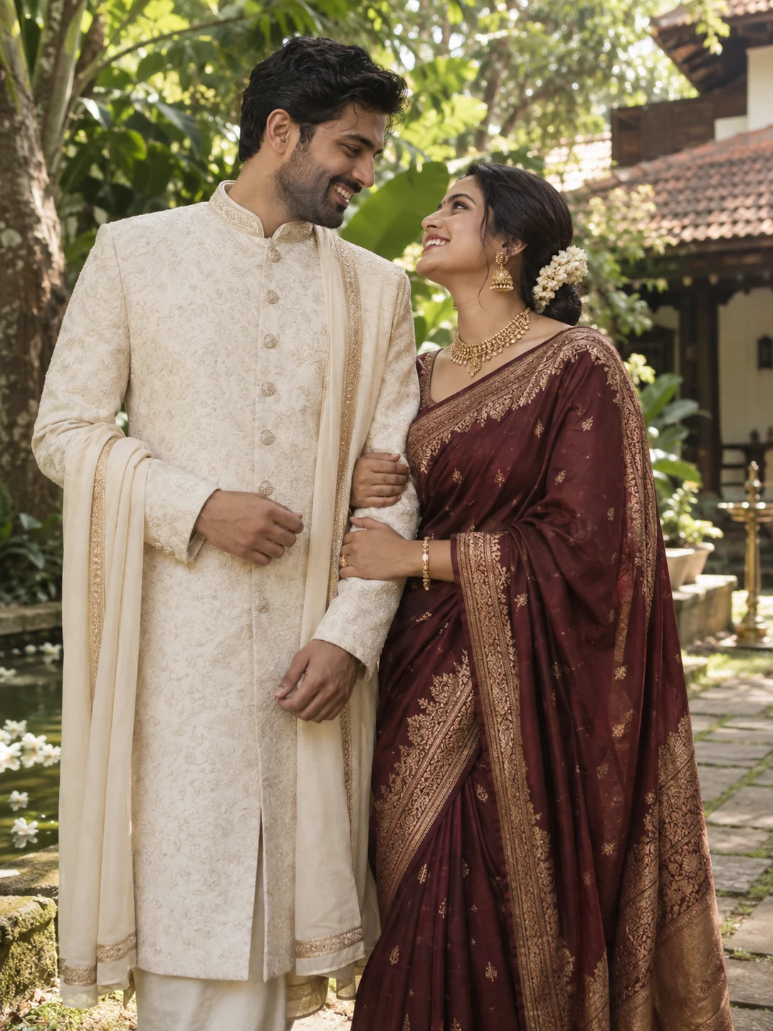 Illustrative wedding portrait of an Indian couple in ivory and burgundy